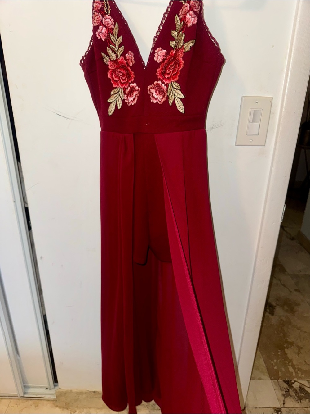 privy Wine Red Floral Embroidered V-Neck Maxi Dress